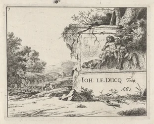 Ansicht einer Ruine in einer Landschaft mit einem Fluss